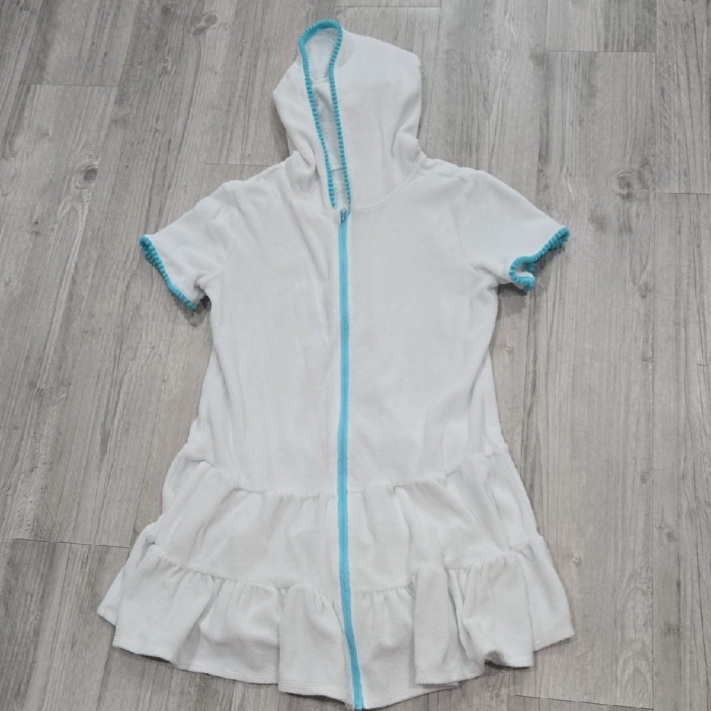 White Hooded Zip-Up Towel Dress with Blue Trim